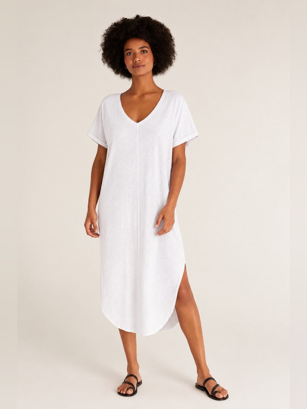 Leig Slub Midi Dress White Size M Relaxed V-Neck Cotton Dress